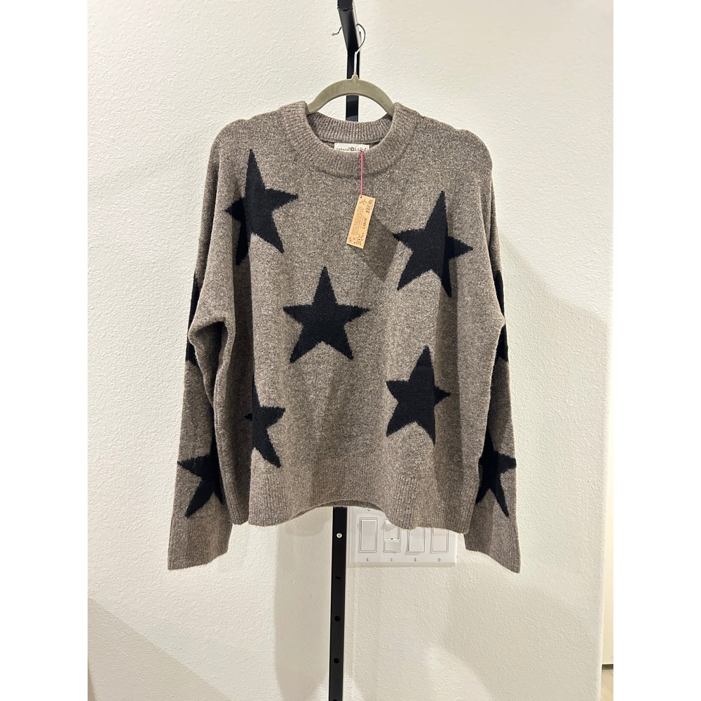 NWT Natural Life Brown Star Intarsia Knit Crewneck Sweater, Size L